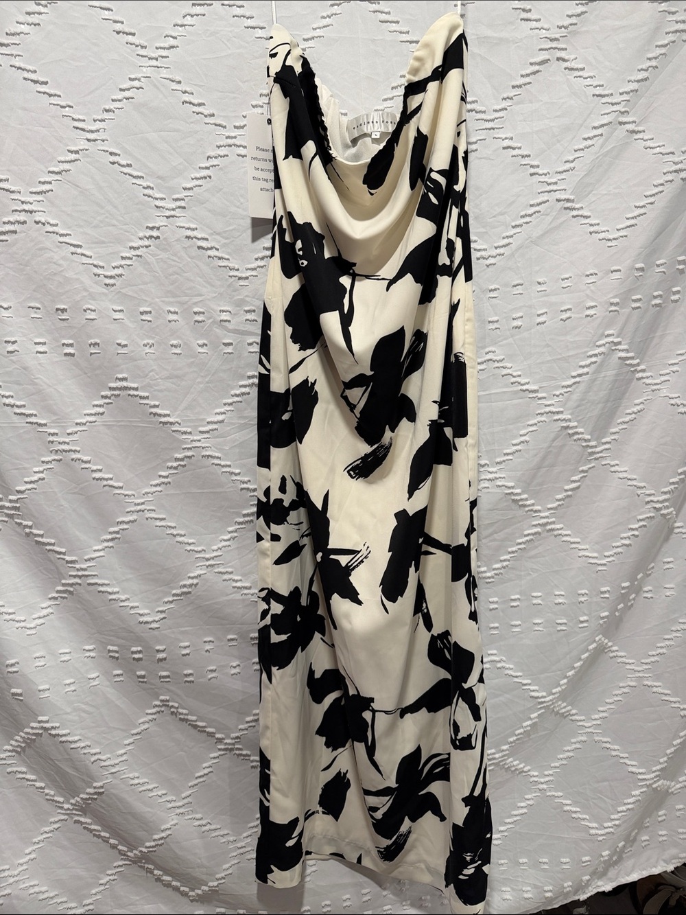Endless Rose Print Pleated Strapless Midi Dress in an Ivory/Black abstract flora